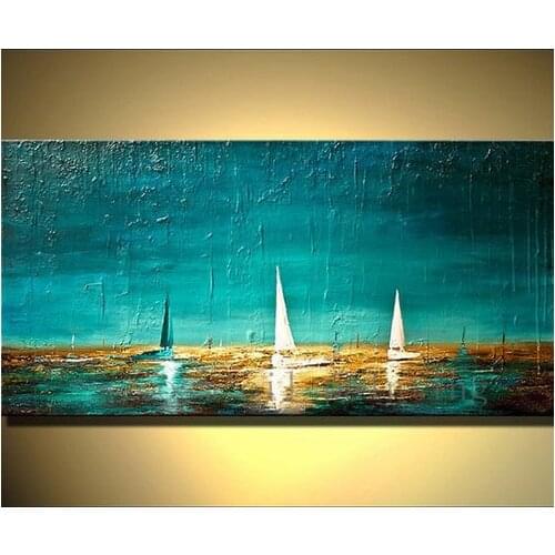 Handmade Abstract Pictures Heavy Textured Paint on Canvas Boats in Ocean Sea Hand Painted Unique Wall Art Seascape Oil Paintings