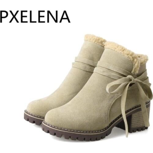 PXELENA Cute Bowknot Girls Winter Warm Snow Boots Women Chunky Block High Heel Chelsea Ankle Boots Collegiate Shoes Plus Size