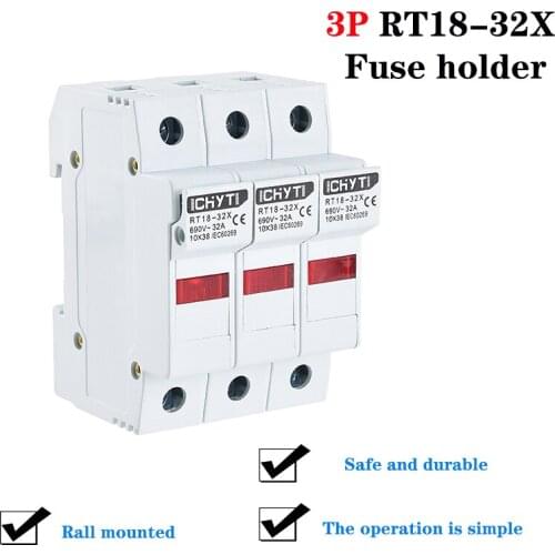 RT18-32X 1Sets 3Pole 10 * 38mm 3P Fast Blow Ceramic Fuse With Holder Fuse Base 250V 1A 2A 4A 6A 8A 10A 16A 20A 25A 32A