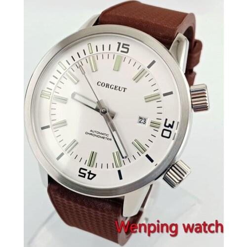 Corgeut watch 45mm Business black/white dial Inside Bezel Setting rubber bracelet Automatic mens Watches W2800