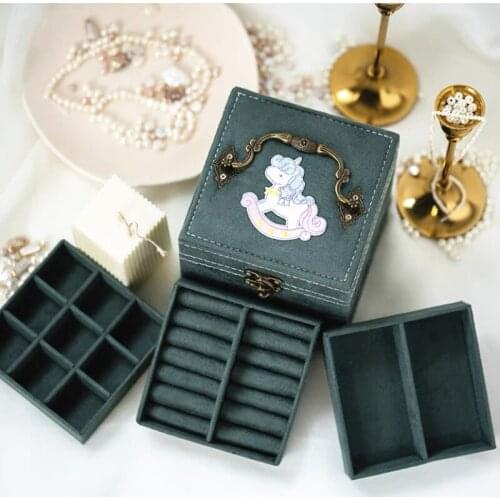 HOSENG Green Velvet Ring Jewelry Box Wedding Fashion Cartoon Necklace Earring Storage Copper Lock Three Layers Case HS_466