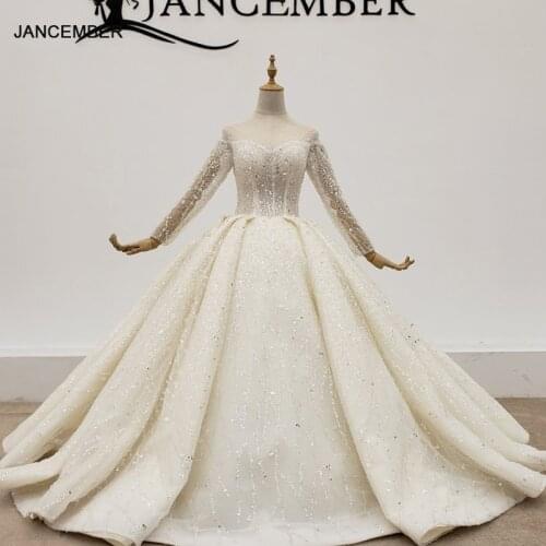 HTL1379 Transparent O Neck Wedding Dress 2020 Long Sleeve Ball Gown Whole With Big Sequin Pearl Bead vabiti da sposa colorati