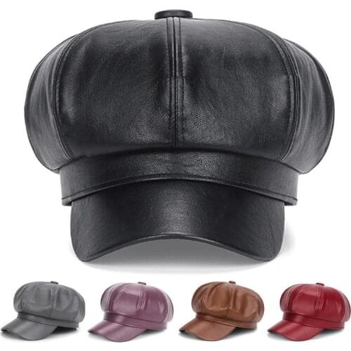 Beret Cap Faux Leather Adjustable Octagon Faux Leather Hats for Party