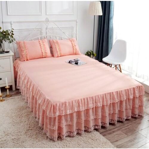 3pcs Set European Romance Lace Bed skirt Soft Brushed Fabric Bedspread Princess King Queen Size 1pc Bed Skirt +2pccs Pillowcase