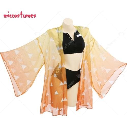 Haikyuu Zenitsu Agatsuma Cosplay Two Piece Beach Swimsuit V Neck High Waist Lace Up Bathing Suit Swimwear Kimono Cover Up