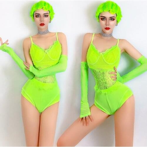 Bar Club Dancer Performance Costume Fluorescent Green Sexy Lace Bodysuit Set Nightclub Gogo Dancing Wear Rave Outfit YS2292