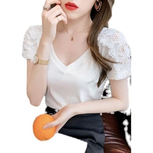 GGRIGHT Lace Casual T-Shirt Women Summer Hollow Out Short Sleeve Knitted Cotton Tee Shirt Women Black White Korean Tops