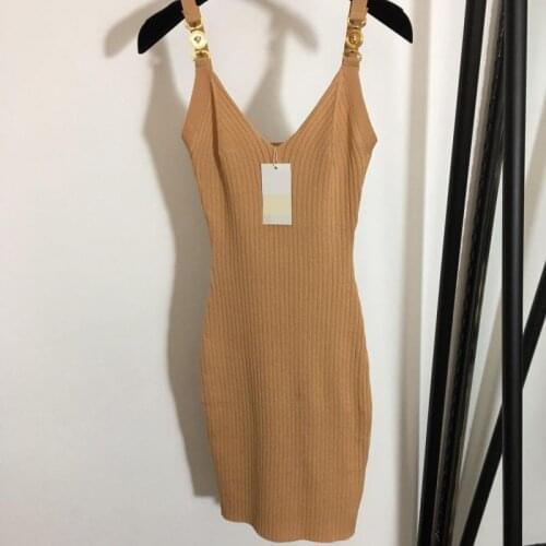 Summer Women Luxury Metal Buckle Sexy V-Neck Slim Knit Suspender Midi Dress Party Dress Designer Party Club Black Clothes