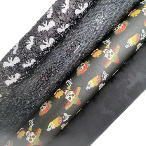 Bats printed Glitter leather, Skulls Printed synthetic leather, Mesh Glitter Leather Sheets For Bow A4 21x29CM KM635