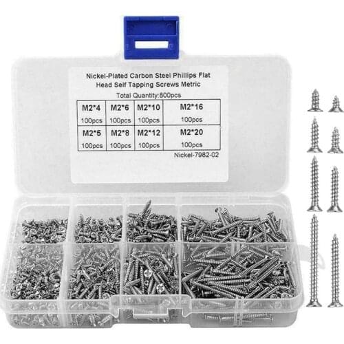 JFBL Hot 800Pcs M2 Self-Tapping Screws Assortment Set Cross-Head Screws Flat Head Countersunk Head Screws for Plastic Wood Silve