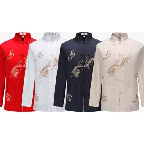 Fashion Chinese Tang Mens Cotton Suit Coat Clothing Kung Fu Tai Chi Uniform Ethnic Clothing Long Sleeve Stand Collar Tops