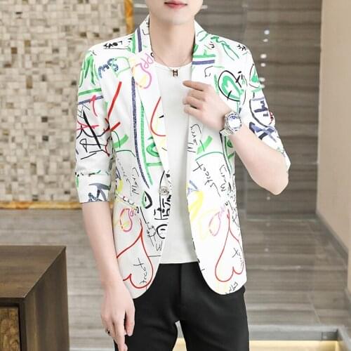 New Summer Mens Half Sleeve One Button Blazers Jacket Slim Fit Printed Thin Coat B4