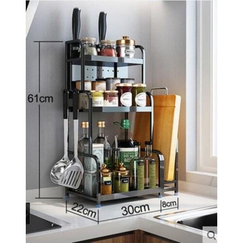 Stainless steel kitchen shelf floor seasoning shelf soy sauce vinegar bottle cutting board knife rack storage rack black