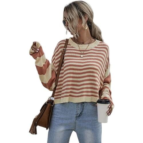 Autumn and winter womens European and American striped pullover loose knitted sweater women short
