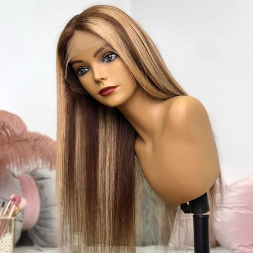 Highlight Lace Front Human Hair Wig Honey Blonde Brown Pre Plucked Brazilian Remy T Part Lace Wig For Women 180% Density