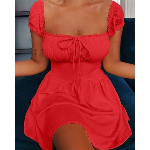 Square Neck Dresses For Women With Waist and Large Puff Sleeve Dress Lace-up Low-Cut A-line Empire Waist Dress For Women