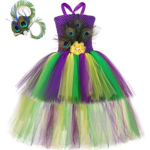 High Low Peacock Flower Girl Dresses for Kids Birthday Party Halloween Costume Princess Girl Trailing Tutu Dress Outfit Clothes