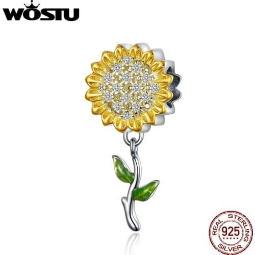 WOSTU Sunflower Charm 925 Sterling Silver Yellow Enamel Beads Fit Original Bracelet Pendant Charms For Jewelry Making CQC1211