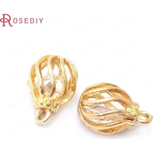 39041)10PCS 11x7MM 24K Gold Color Brass and Zircon Hollow Ball Charms Pendants Jewelry Making Supplies Diy Findings Accessories