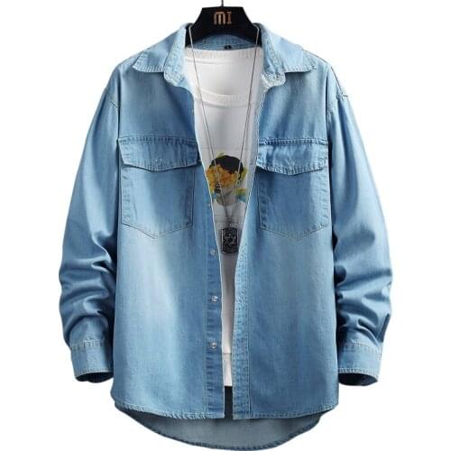 Mens Casual Loose Spring Autumn Single-breasted Denim Shirt Loose Classic Long Sleeve Pockets Jean Blouse Top Blue Black