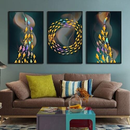 Modern Abstract Colorful School of Fishes Paintings Nordic Canvas Posters and Prints for Living Room Bedroom Corridor Decoration