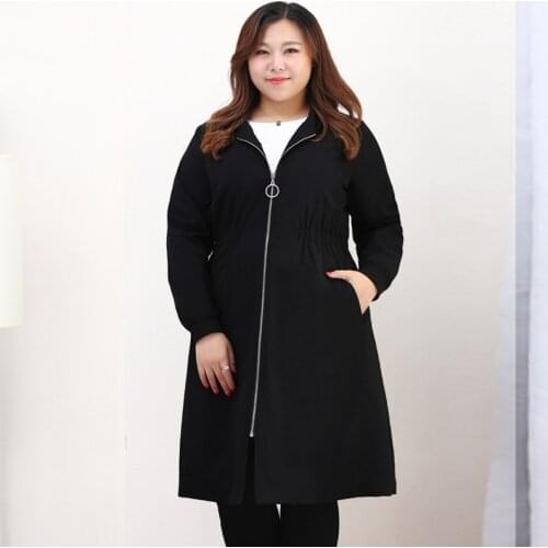 New Large Size 4XL-10XL Hooded Trench Coat Women Spring Autumn Long Windbreaker Female Basic Casual Coat Zipper Black Trench G46
