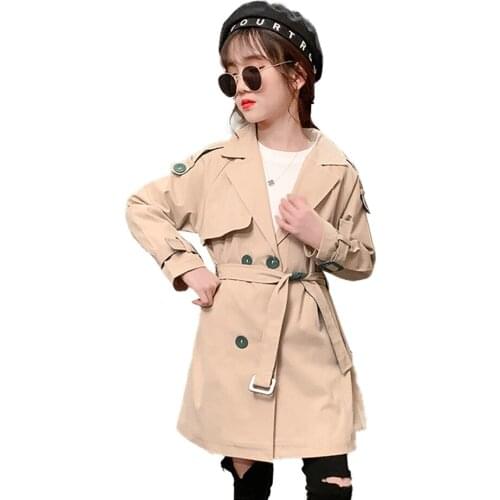 Girls Long Windbreaker Coat Solid Color Girl Coat 2021 Kids Coats Spring Autumn Childrens Winter Clothes 6 8 10 12 14