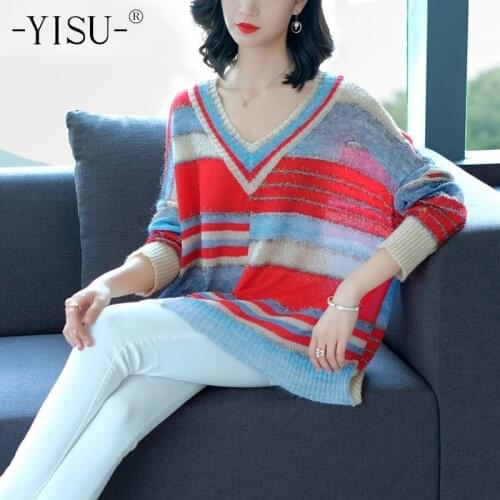 YISU Knitted wool Sweater Women V Neck Fashion Color mohair Pullovers Sweater Female Women Pullover Casual Sweater