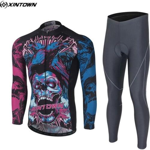 XINTOWN Mens Team Riding Pro Ropa Ciclismo Cycling Sets Long Sleeve Cycling Jersey Bib Pants Winter Cycling SKULL Set S-4XL