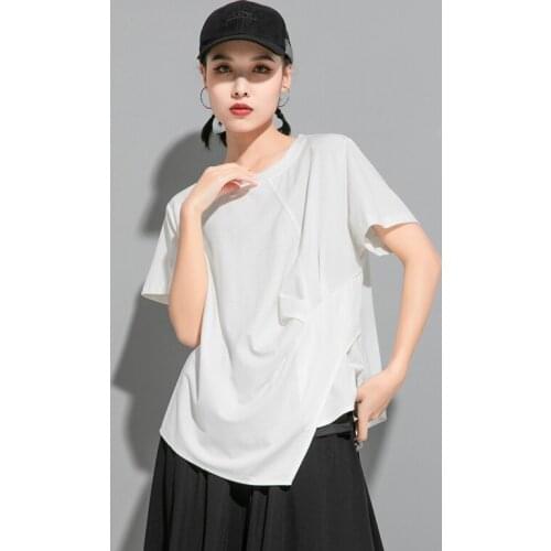 Designers solid color T-shirt womens street personality irregular short sleeve pleated slim top 2021 summer casual T-shirt