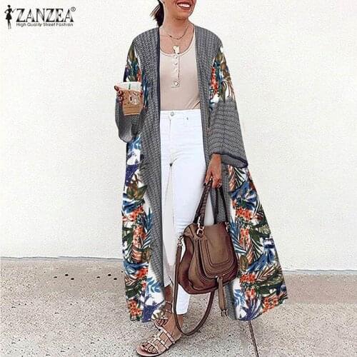 Autumn Holiday Beach Open Front Chemise Bohemian Cardigan Women Casual Full Sleeve Long Blouse ZANZEA Floral Printed Kimono Robe