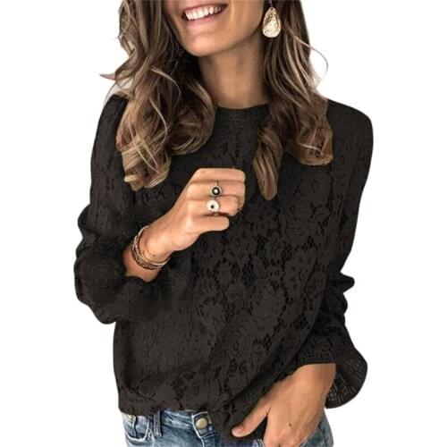 Women Autumn Flare Long Sleeve O-Neck Blouse Hollow Out Crochet Floral Lace Pullover Tops Solid Color Casual Loose Shirts Street
