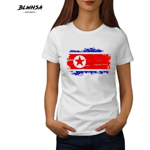 BLWHSA New Women Summer T Shirts North Korea Nostalgic Flag Pattern O-Neck Basic T-Shirts Female Casual Tees White Color