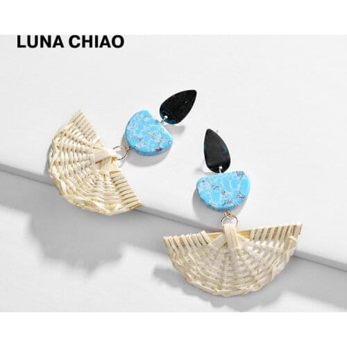 LUNA CHIAO Handmade Earring Jewelry Stone Fan Shape Knitted Rattan Drop Earrings for Women