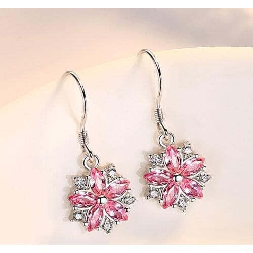 Elegant Pink Flower Cubic Zirconia Dangle Drop Earrings for Women Korean Style White Gold Plated Crystal Earring Fashion Jewelry