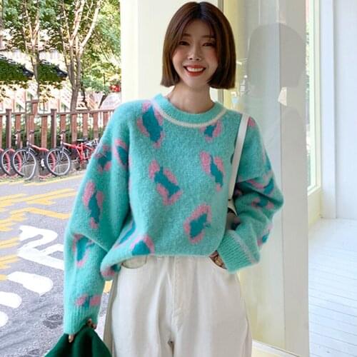 Vintage Sweet Women Sweater 2020 Korean Casual O-neck Hit Color Oversized Warm Pullover Jumpers Long Sleeve Jersey 5ZJL01