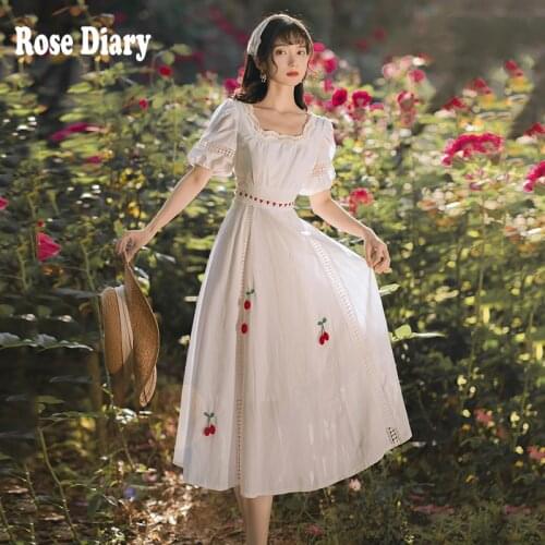 Rosediary Women Korean Sweet Casual Vintage Elegant Long Dress Luxury Embroider Big Swing Mori Girls White Loose Midi Dress