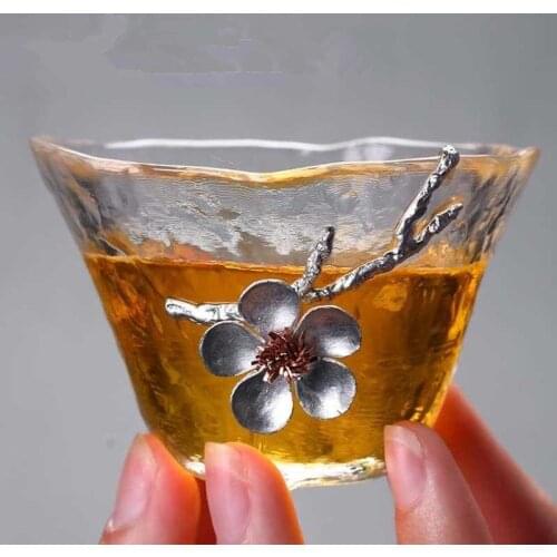 Tin Plum Flower Tea cup Heat Resistant Transparent TeaCup Small Tea Bowl Japanese Style Master Cup Teaware Decor