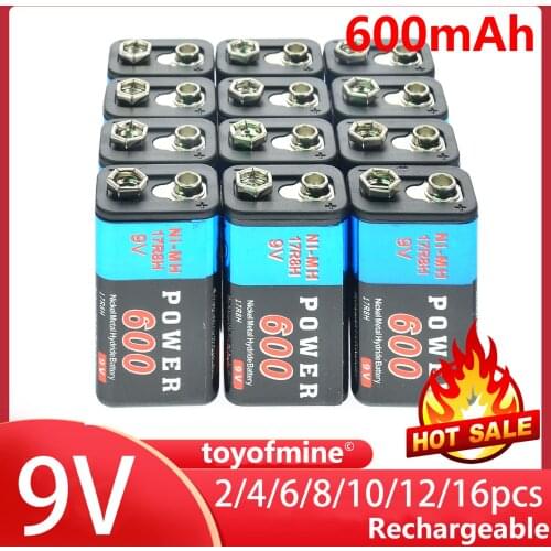 2/4/6/8/10/12/16pcs Durable 9V 9 Volt 600mAh Power Black Ni-Mh Rechargeable Battery PPS block