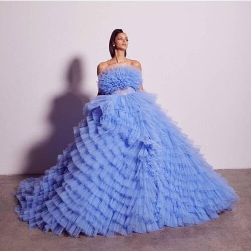 2020 Fall Cute Blue Tulle Dresses Puffy Tiered Tutu Dress Gown For Women Girls Prom Party Dress Ball Gown Dressing Gowns