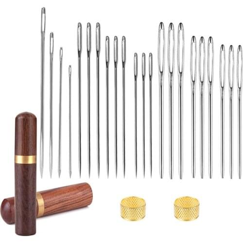 LMDZ 22 PCS Big Eye Hand Sewing Needles Large Eye Stitching Needles Leather Needle Hand Sewing Needle with Wooden Needle Case