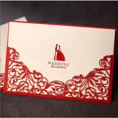 30PCS/LOT Red Lace Pattern CW1011 Wedding Invitation Card With Envelope Accept Personality Customized