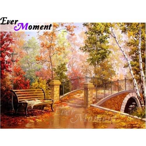 Ever Moment 5D DIY Diamond Embroidery Bridge Fall Scenery Diamond Mosaic Full Square Drills Artwork Home Decoration ASF1209