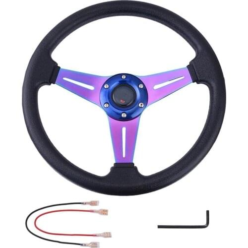 Aluminum Car Low Dish Steering Wheel JDM Racing Sports Drifting 3 Purple Spoke Wheel Black Leather Effect