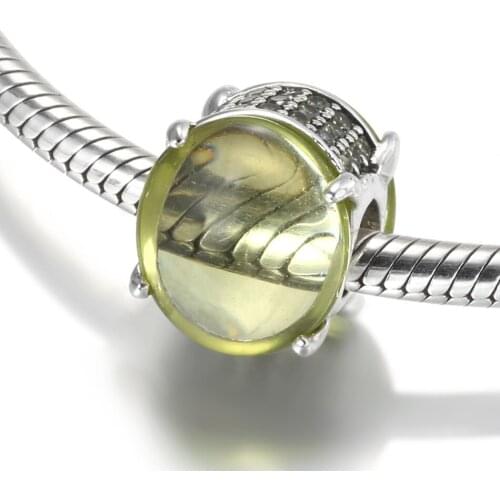 Authentic S925 Silver Bead DIY Jewelry Fuchsia Green Oval Charm fit Lady Bracelet Bangle