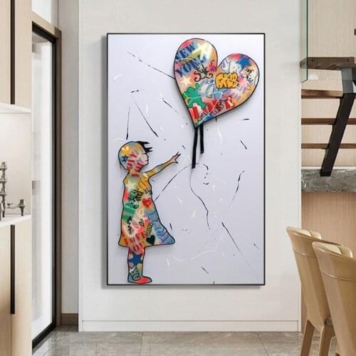Bansky Graffiti Art Canvas Painting Girl with Balloon Street Wall Art Poster Prints Decorative Picture for Living Room Decor