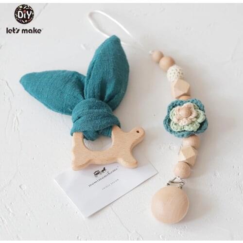 Lets Make 2pc/1set Baby Teether Bunny Ear & Pacifier Chain Wood Animal Teething Toys Beech Wood Rodent Play Gym Toy Baby Rattle