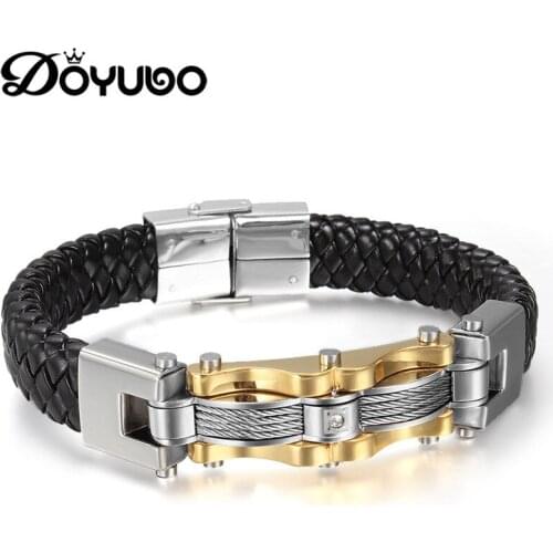 DOYUBO New Arrival Mens Black Genuine Leather Bangles High Quality Male Stainless Steel Charms Leather Bracelets Jewelry DD045