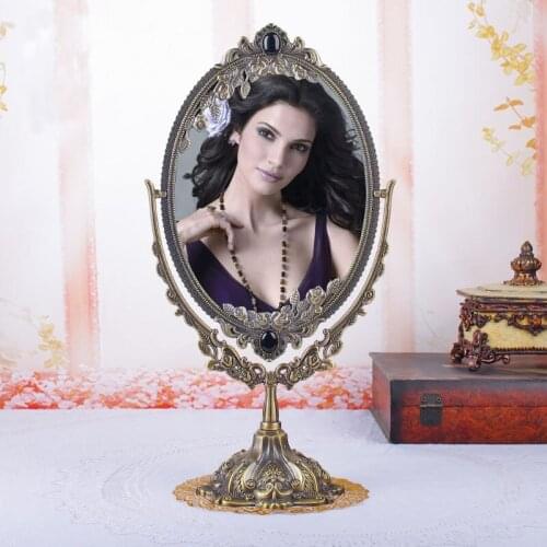 Antique double-face zinc alloy metal makeup dressing table desktop standing cosmetic mirror embossed frame bedroom makeup tool