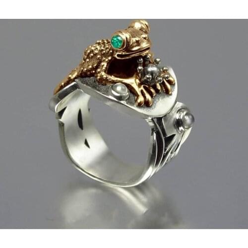 FFLACELL 20201 New Fashion Vintage Two-color Toad Inlaid Green Zircon Animal Ring Men And Women Party Jewelry Gift